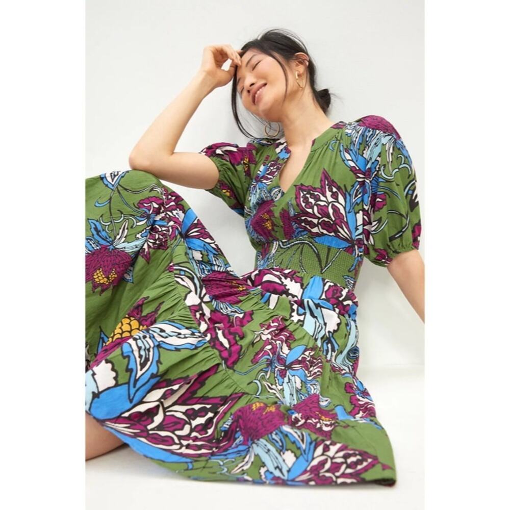 Anthropologie Conditions Apply Puff Sleeved Floral Midi Dress Green Size 12